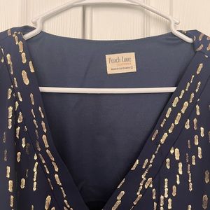 New! Peach Love Navy Party dress with gold metallic details. Size large!